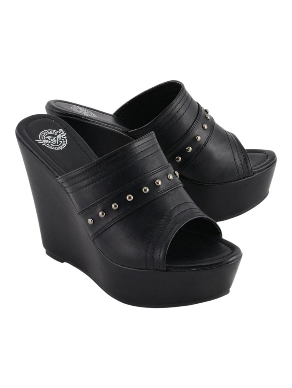 Black Open Toe Fashion Casual Platform Wedges with Rivet Details